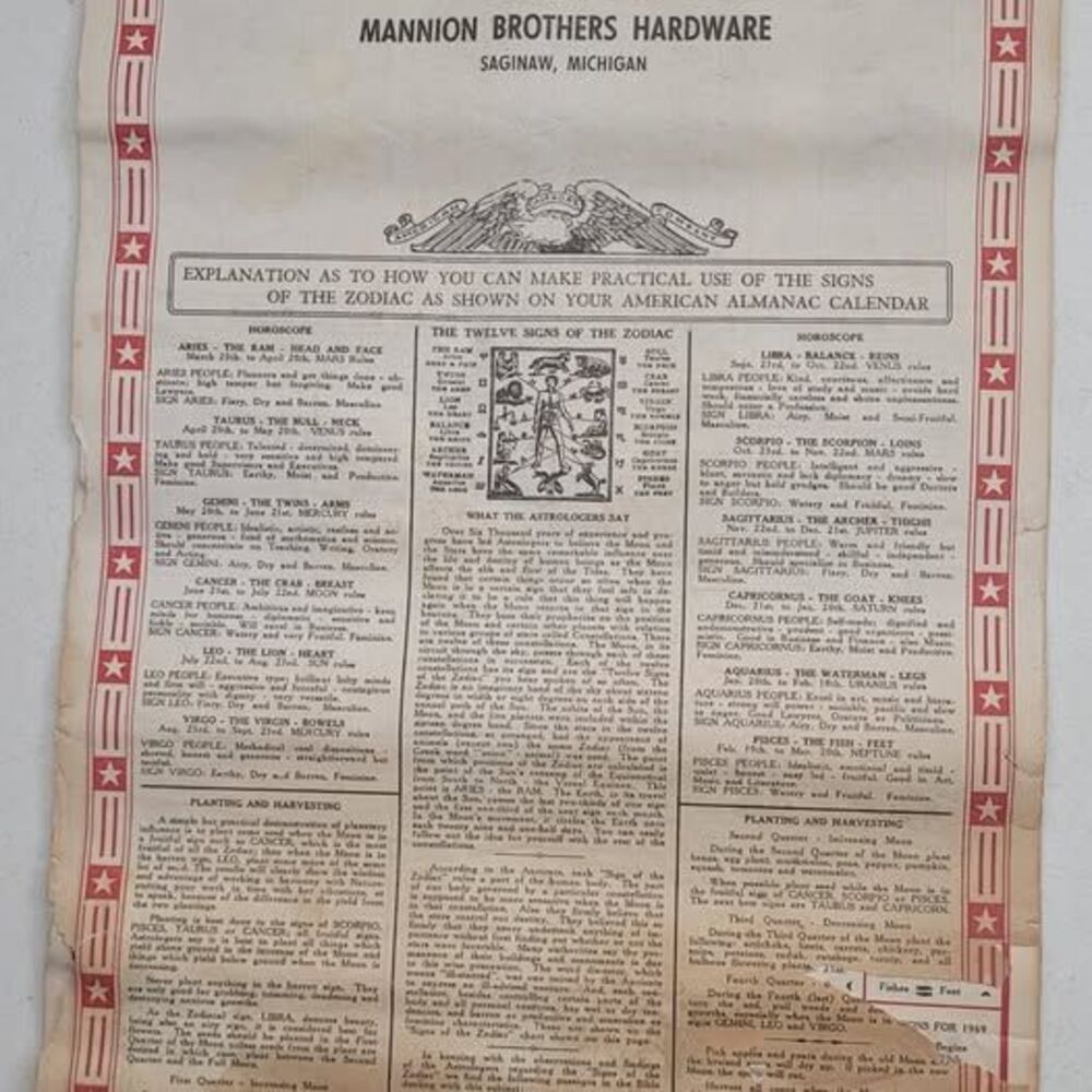Vintage 1969 Mannion Brothers Hardware Calendar